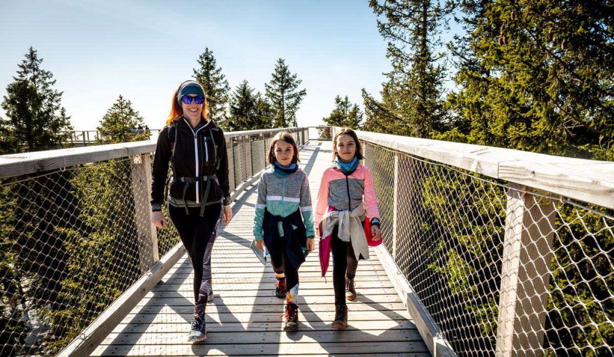 Mama in dve hčerki hodijo po lesenem mostu sredi gozda.