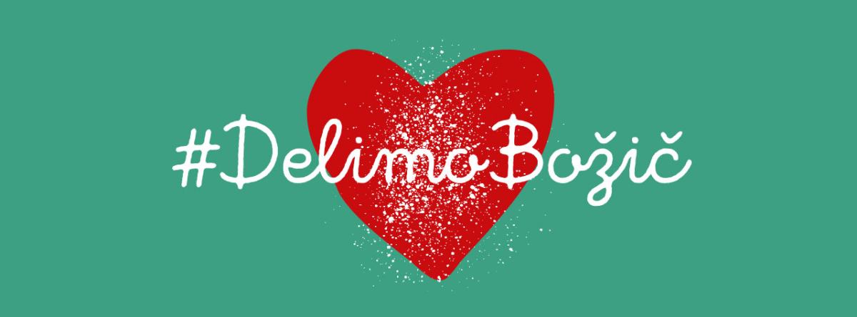 Bel napis #DelimoBožič pred rdečim srčkom na zelenem ozadju.