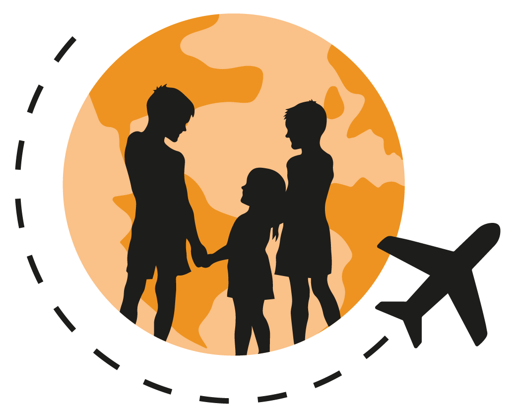 Logo od Mali Nomadi, okrogla oranžna zemlja na kateri se vidi senco treh otrok, okoli zemlje leti letalo