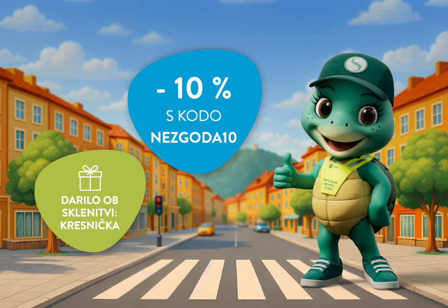 Želvica Ava promovira popust za Nezgodno zavarovanje za otroke.